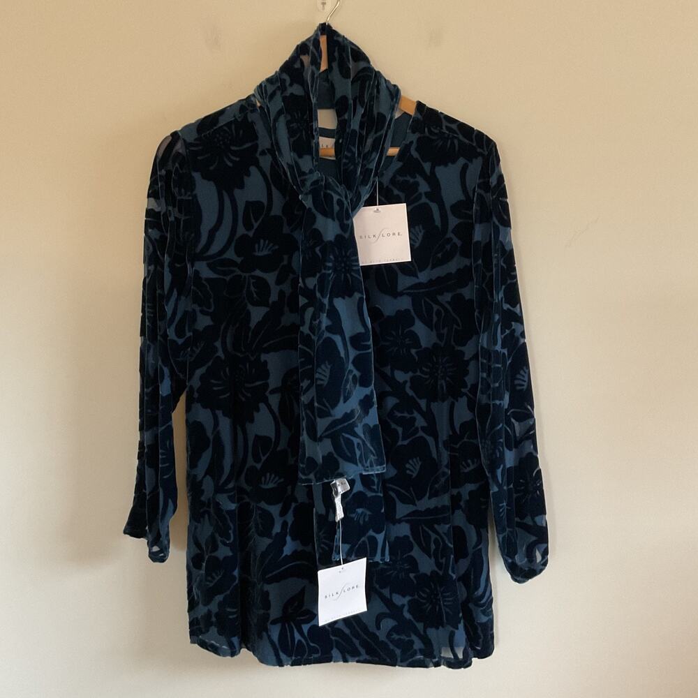 NWT Silk Lore Beth Terrell Blue Silk Blend Burnout Velvet Tunic Floral M w/Scarf